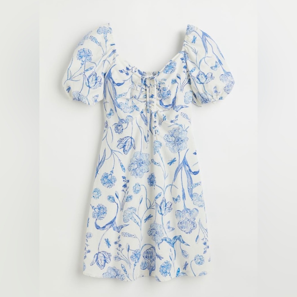H&M Floral Puff Sleeved Linen Blend Dress - NWT - Large